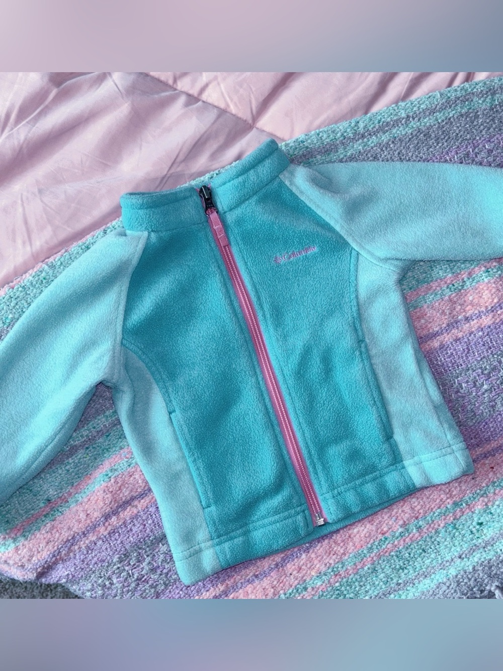 Columbia Baby Fleece Jacket 6-12 Months Aqua Blue Pink Zip Soft Lightweight